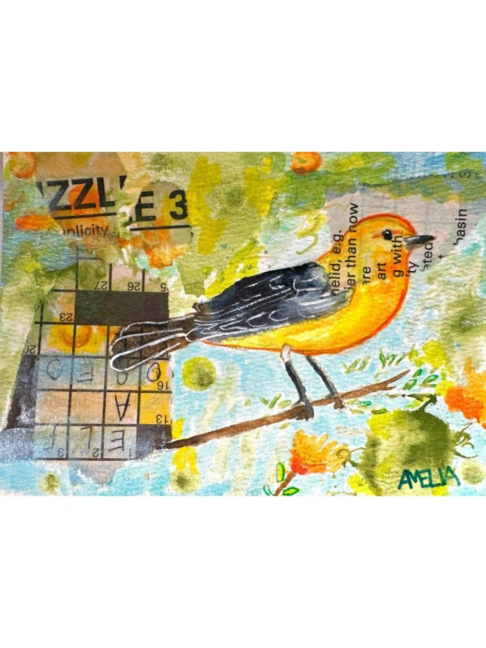 Original Bird Art Painting OOAK Warbler Mixed Media Wall Decor Wildlife